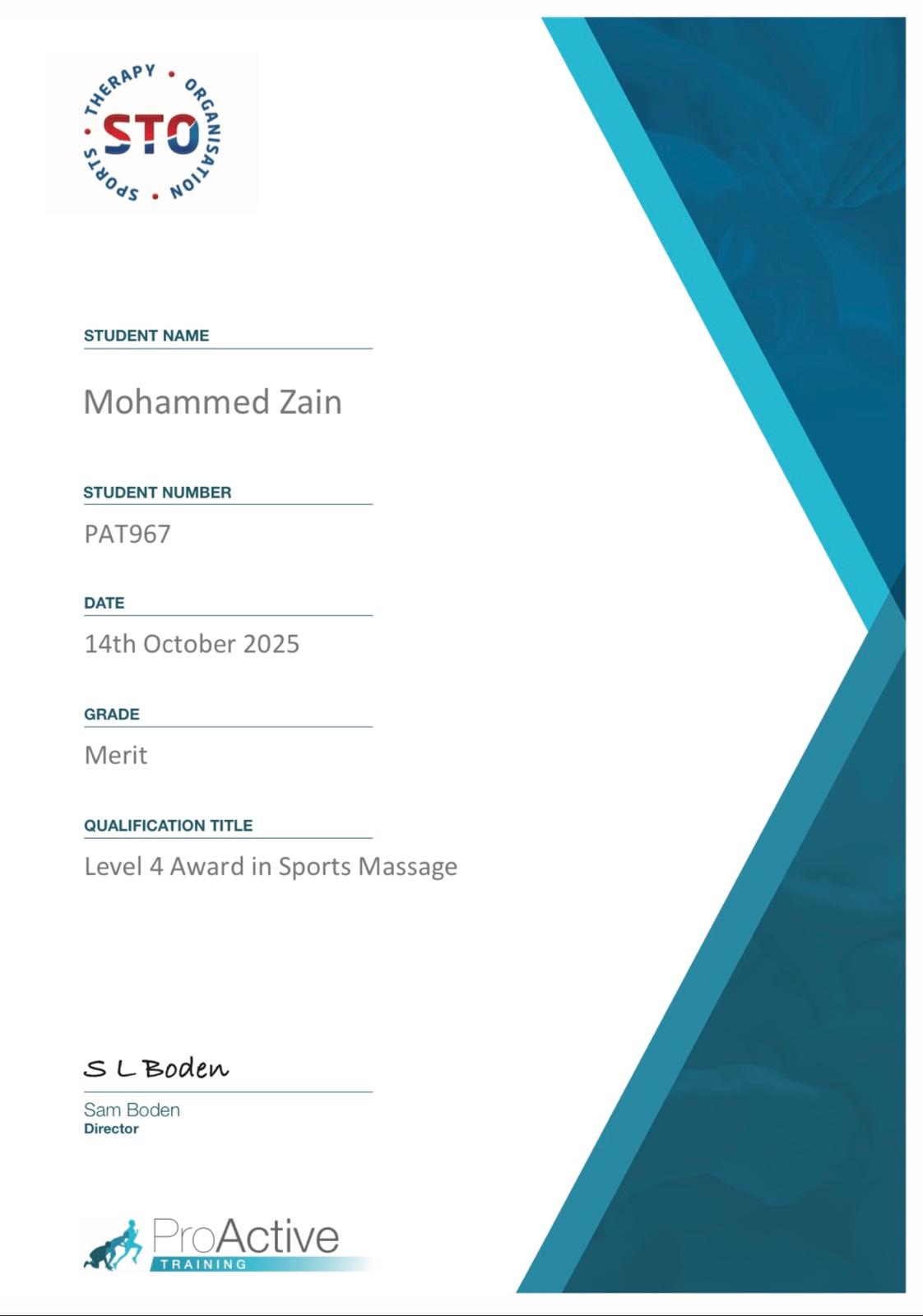 Level 4 Award in Sports Massage certificate